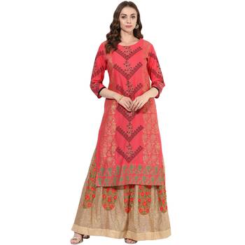 Red cotton block prints long straight kurti 1