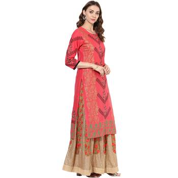 Red cotton block prints long straight kurti 2