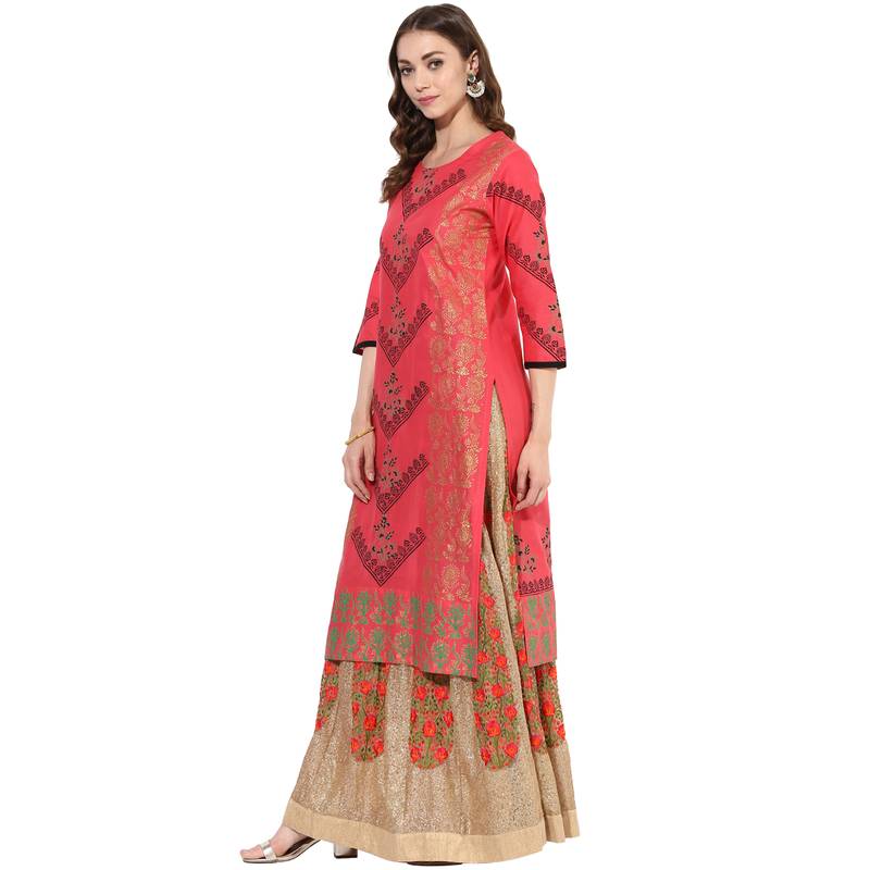 Red cotton block prints long straight kurti