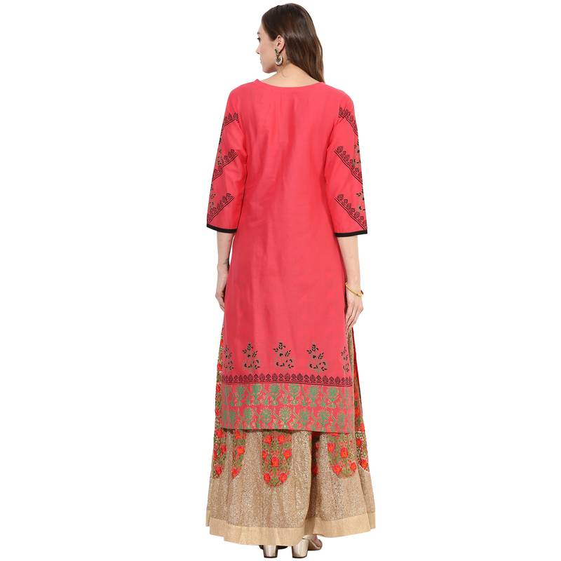 Red cotton block prints long straight kurti