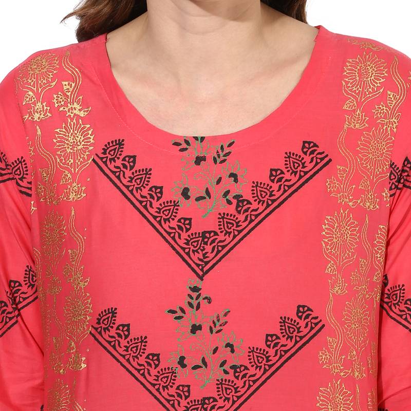Red cotton block prints long straight kurti