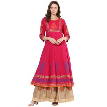 Pink cotton block prints long anarkali kurti 1