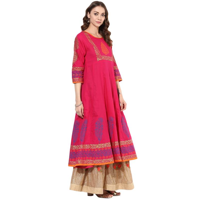 Pink cotton block prints long anarkali kurti