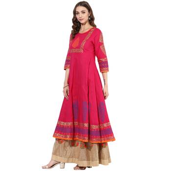 Pink cotton block prints long anarkali kurti 3