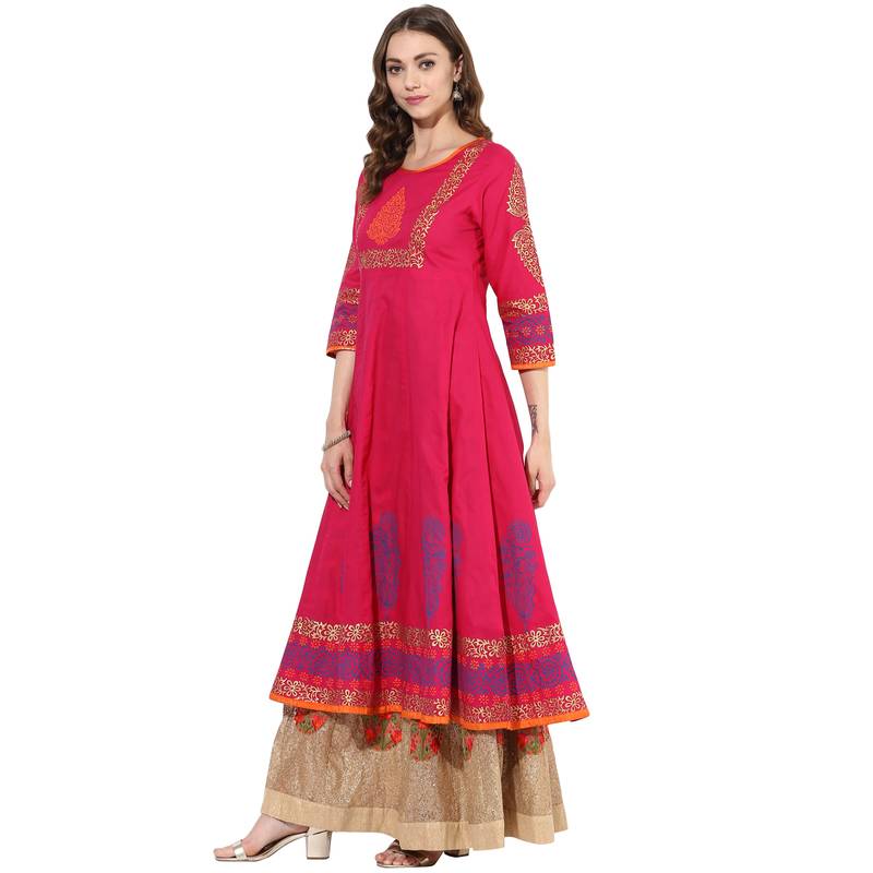 Pink cotton block prints long anarkali kurti