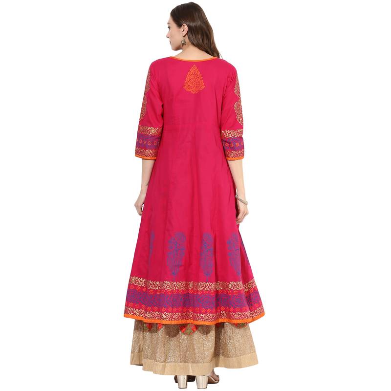 Pink cotton block prints long anarkali kurti