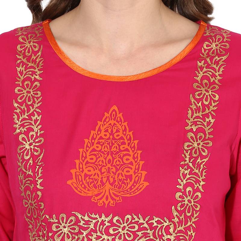 Pink cotton block prints long anarkali kurti
