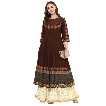 Brown cotton block prints long anarkali kurti 1