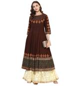 Brown cotton block prints long anarkali kurti