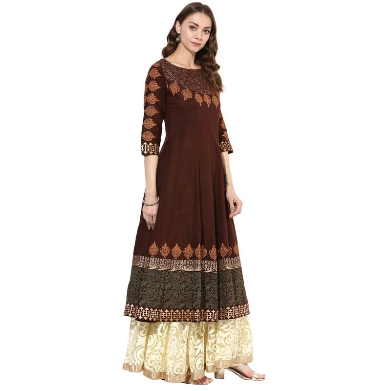 Brown cotton block prints long anarkali kurti