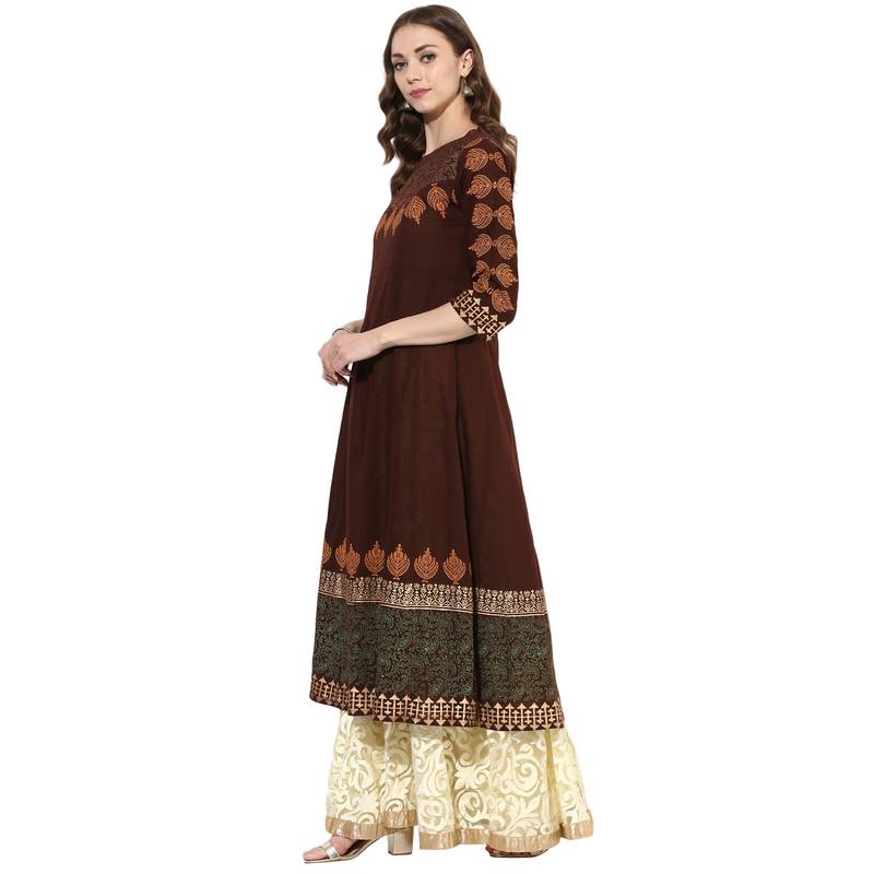 Brown cotton block prints long anarkali kurti