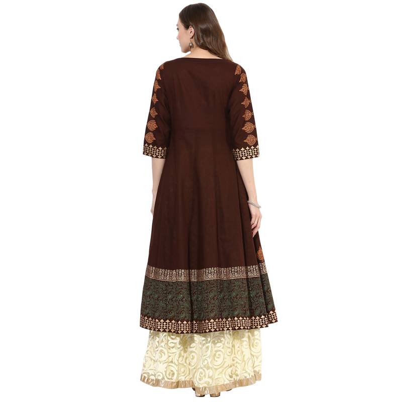 Brown cotton block prints long anarkali kurti