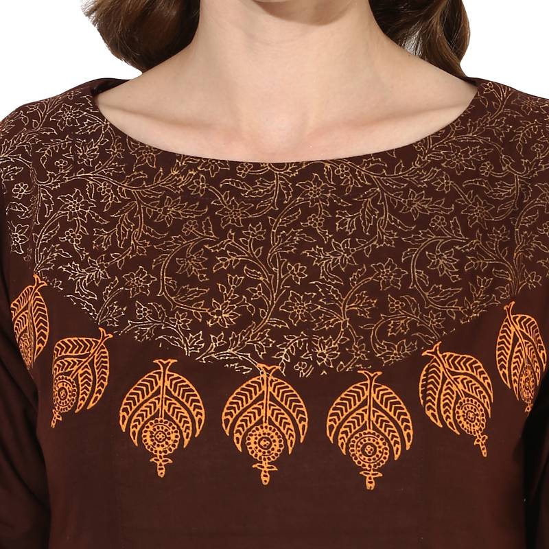 Brown cotton block prints long anarkali kurti