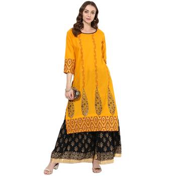 Yellow cotton block prints long straight kurti 1