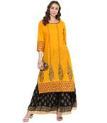 Yellow cotton block prints long straight kurti
