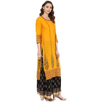 Yellow cotton block prints long straight kurti 2