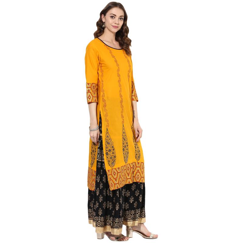 Yellow cotton block prints long straight kurti