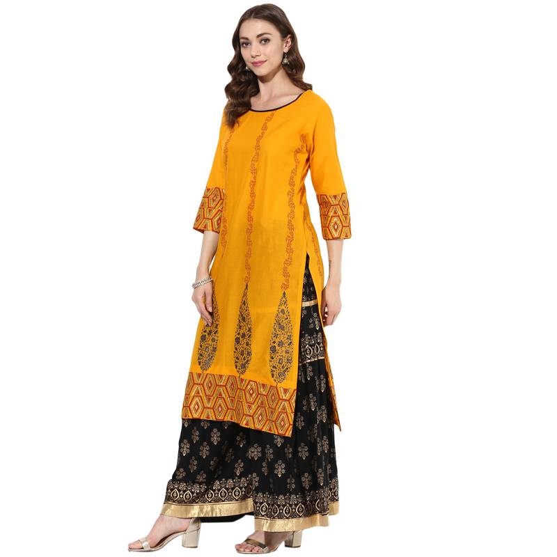 Yellow cotton block prints long straight kurti