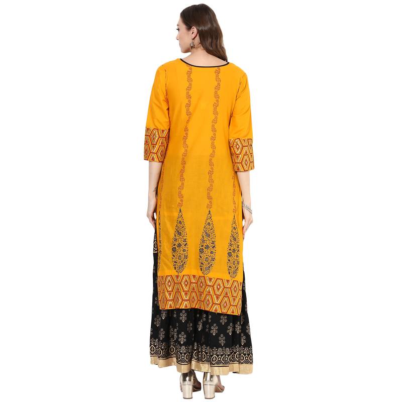 Yellow cotton block prints long straight kurti