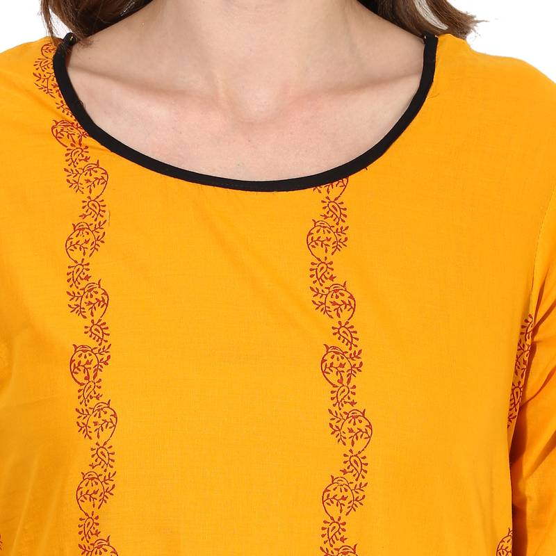 Yellow cotton block prints long straight kurti