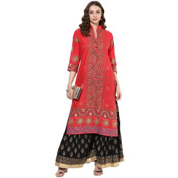 Red cotton block prints long straight kurti 1
