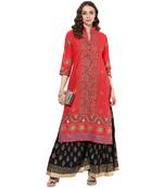 Red cotton block prints long straight kurti