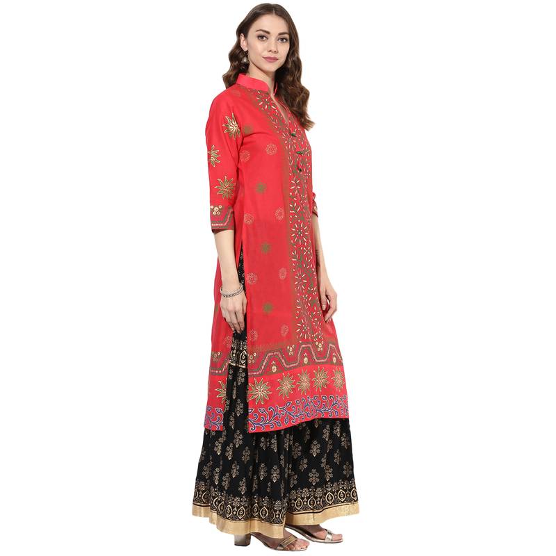Red cotton block prints long straight kurti