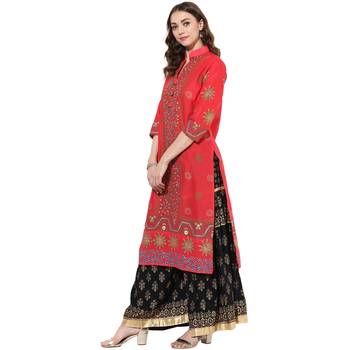 Red cotton block prints long straight kurti 3
