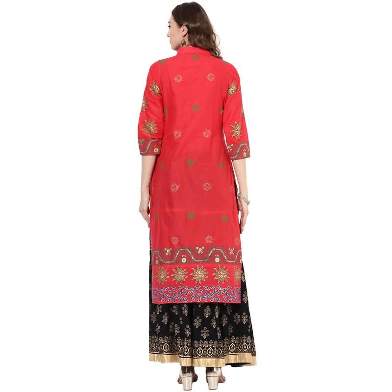 Red cotton block prints long straight kurti