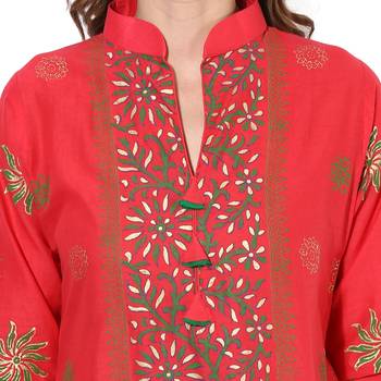 Red cotton block prints long straight kurti 5
