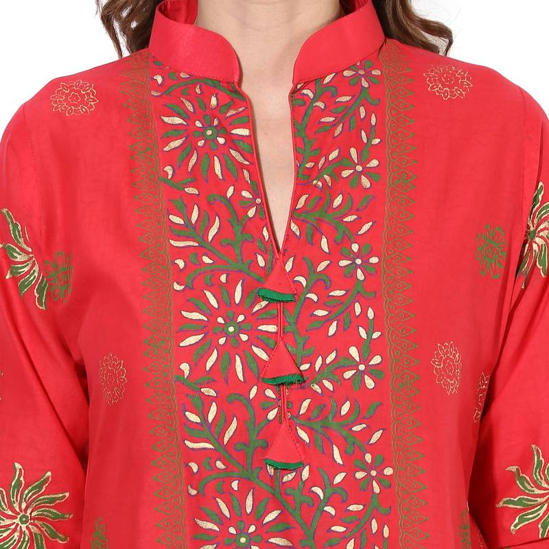 Red cotton block prints long straight kurti