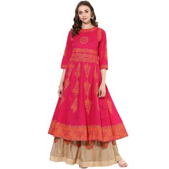Pink cotton block prints long anarkali kurti 1