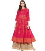 Pink cotton block prints long anarkali kurti