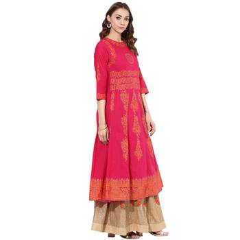 Pink cotton block prints long anarkali kurti 2