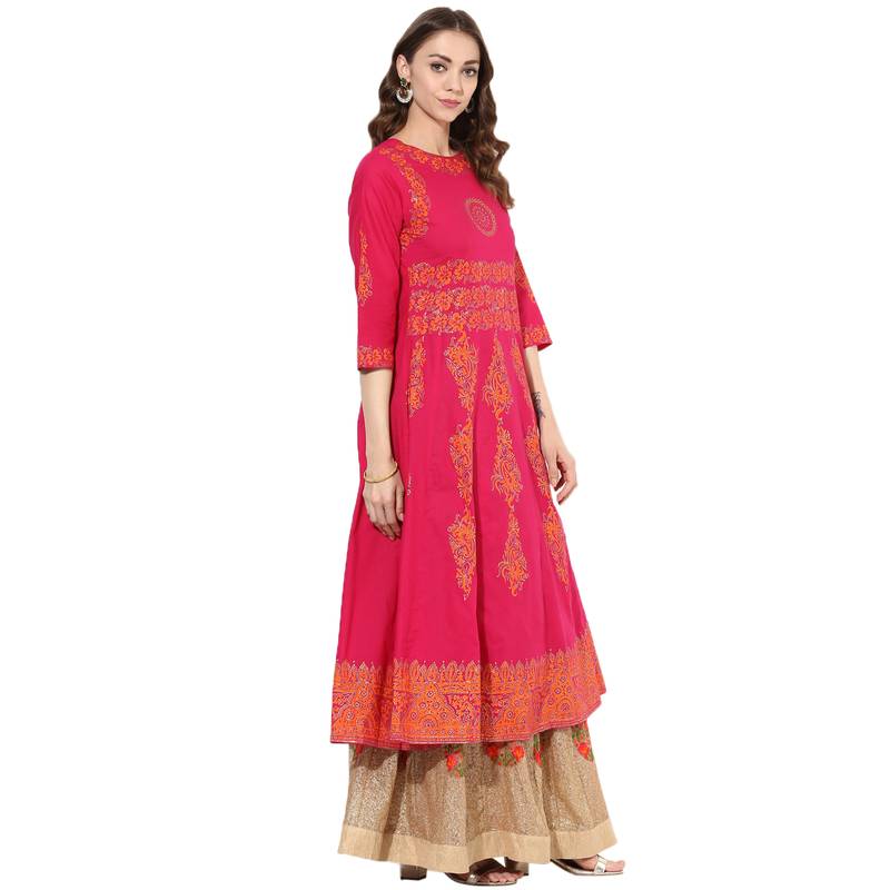 Pink cotton block prints long anarkali kurti