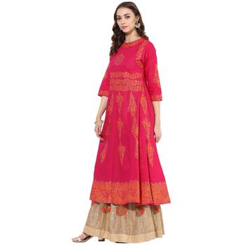 Pink cotton block prints long anarkali kurti 3