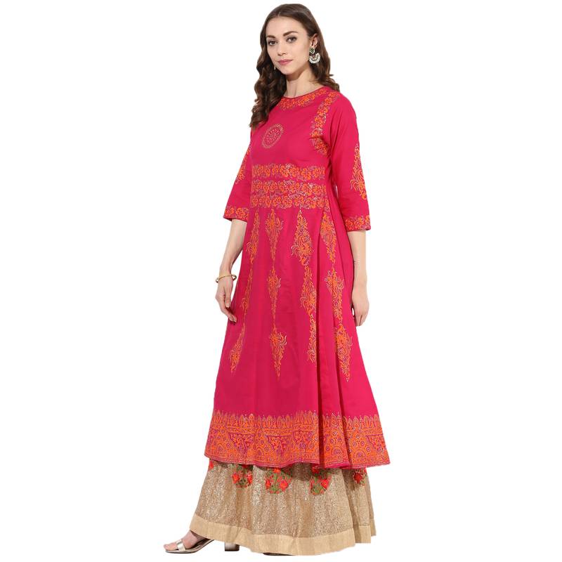 Pink cotton block prints long anarkali kurti