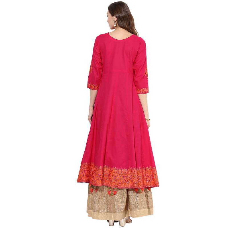 Pink cotton block prints long anarkali kurti