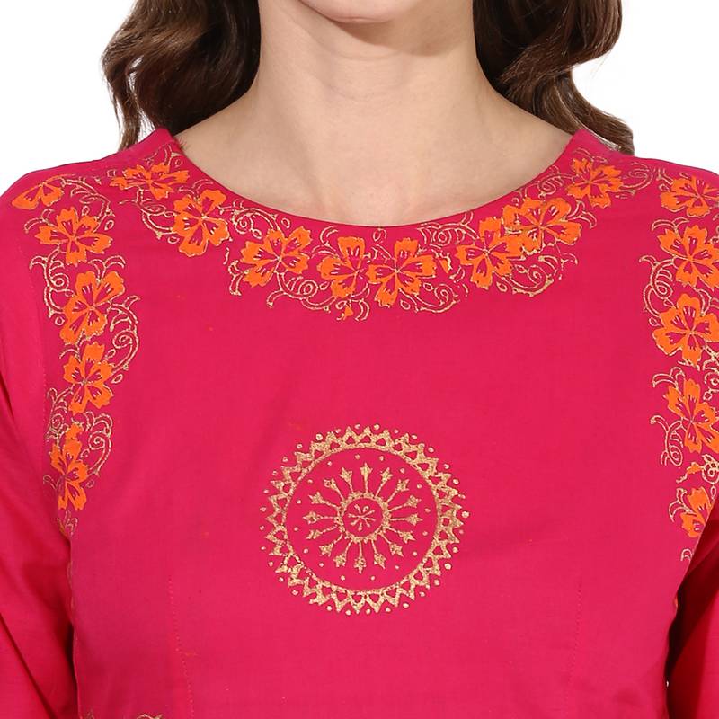 Pink cotton block prints long anarkali kurti