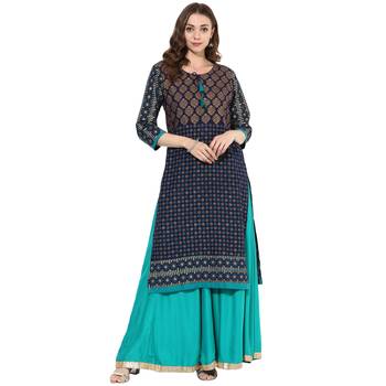 Blue cotton block prints long straight kurti 1