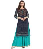 Blue cotton block prints long straight kurti