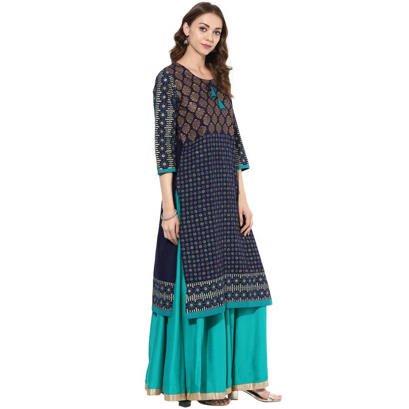 Blue cotton block prints long straight kurti