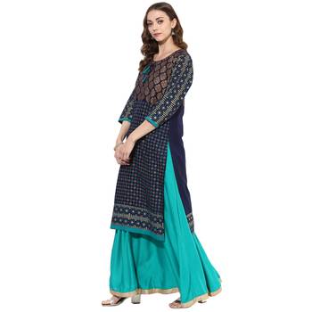 Blue cotton block prints long straight kurti 3