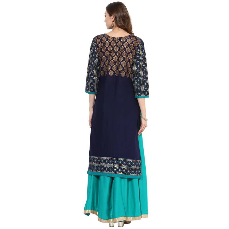 Blue cotton block prints long straight kurti
