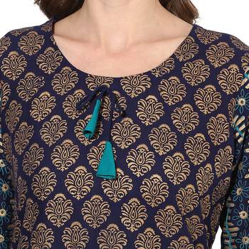 Blue cotton block prints long straight kurti 5