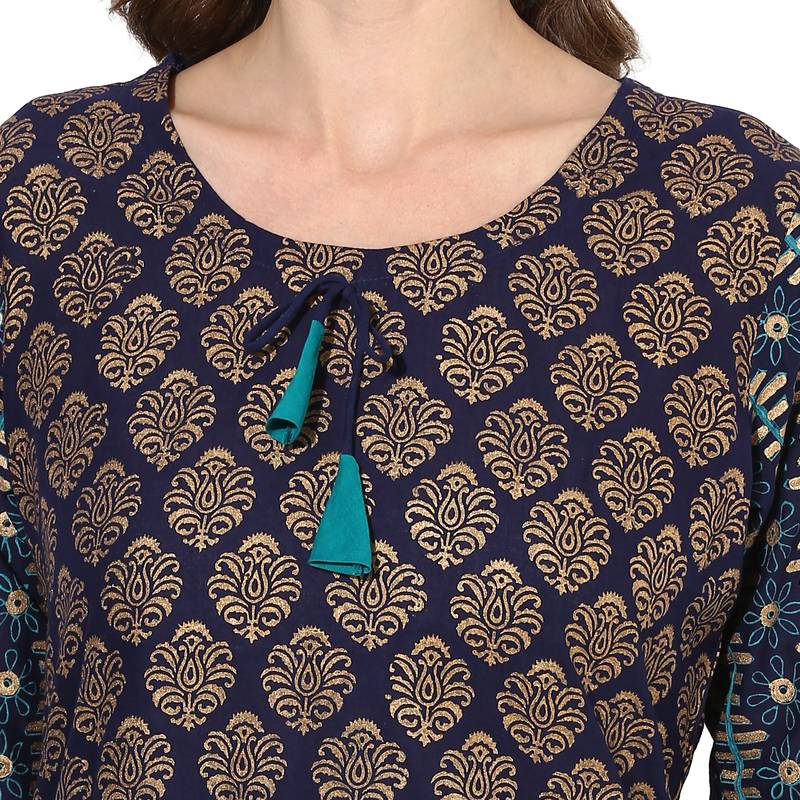 Blue cotton block prints long straight kurti