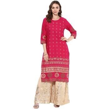 Pink cotton block prints long straight kurti 1