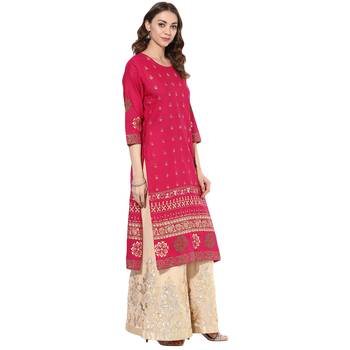 Pink cotton block prints long straight kurti 2