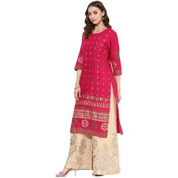 Pink cotton block prints long straight kurti 3