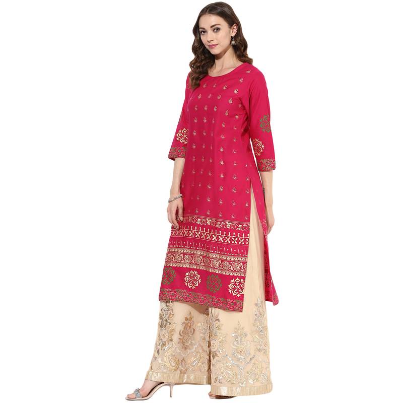 Pink cotton block prints long straight kurti